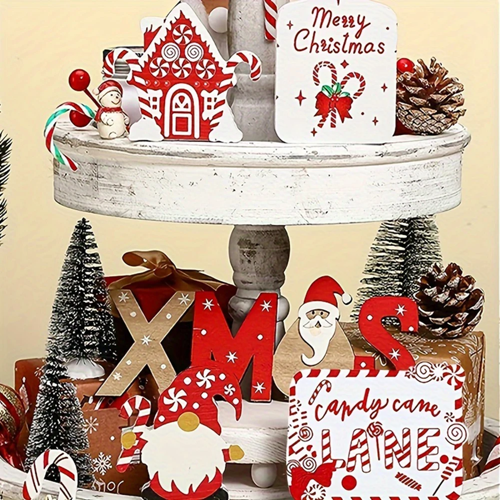 11pcs Holiday Tiered Tray Decor Candies Cane Lane Wooden Signs Home Bedroom Living Room Tiered Tray Ornament Set Christmas Gifts