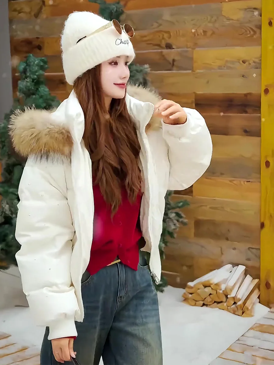 

Korean Sle ort Women's down Jaet White Du down Coat with Hood Large Fur Collar Warm Thi Outerwear for Winter