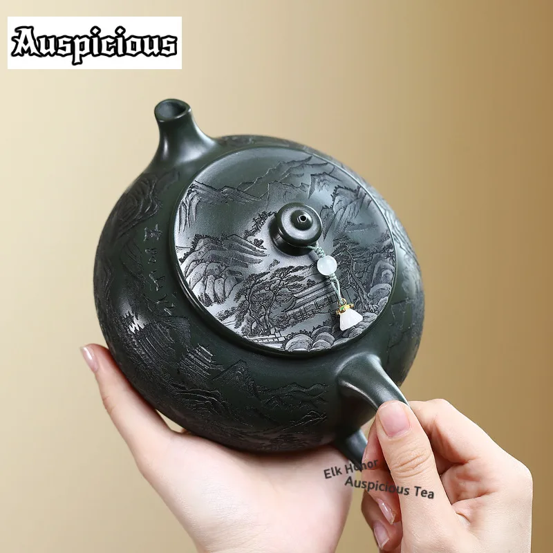 600ml Exquisite Yixing Purple Clay Teapots Handmade Cold River Pot Raw Ore Blackish Green Mud Kettle With Filter Zisha Tea Set