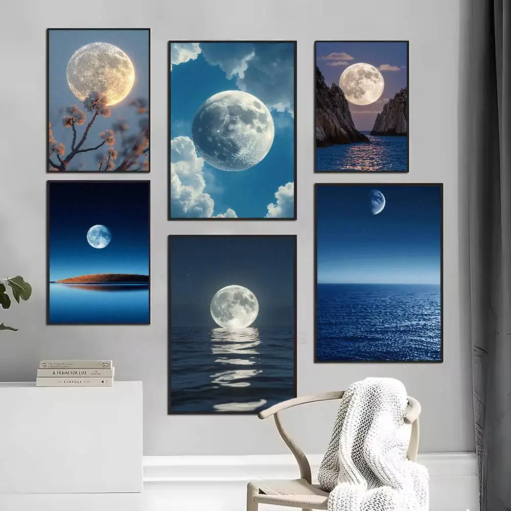 Ocean Full Moon Night View Poster, Sea Water Moon Reflection Landscape Wall Art, Cloudy Sky Seascape Print Home Wall Decoration