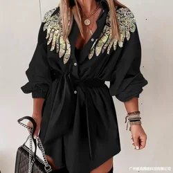 Women Long Sleeve Loose Casual Shirts Mini Dress Sequin Wings Pattern Turn-down Collar Tied Detail Shirt Dress
