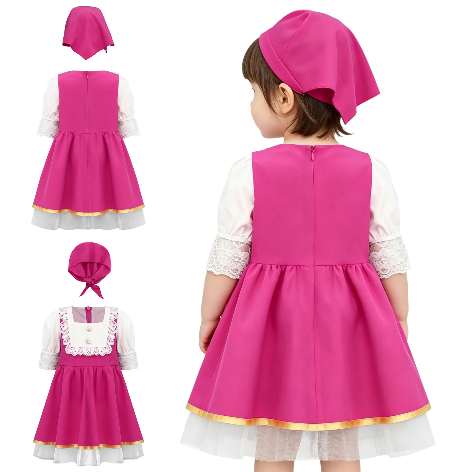 

Cartoon Character Maid Cosplay Costume Girls Halloween Costume Dress Up Long Sleeve Ruffle Lace Fake 2Pcs Dress+Headscarf Sets