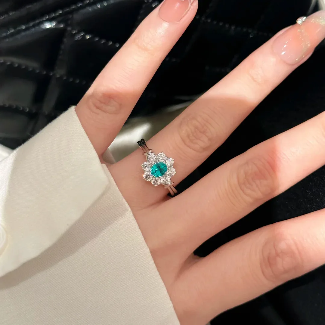 S925 Sterling Silver Ring High End Light Luxury Aquamarine Earrings Colorful Treasure Set Ear Buckle Women