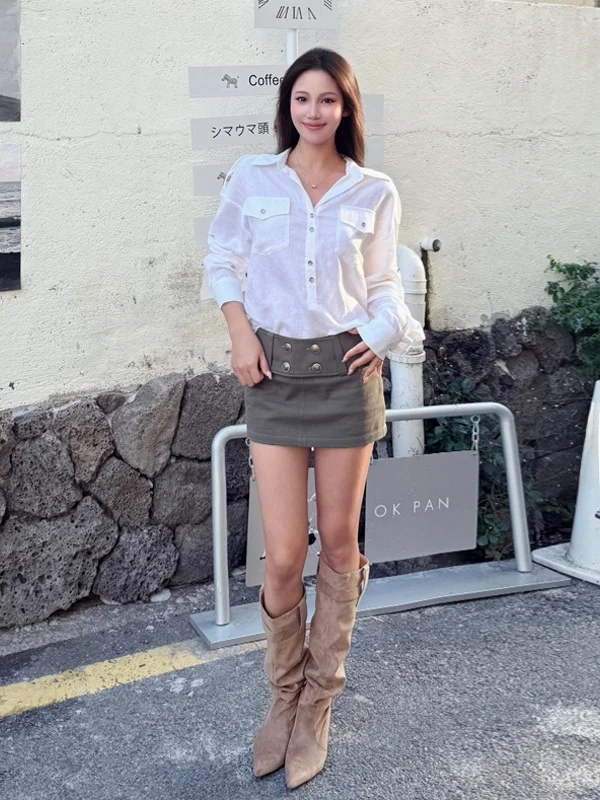 

Новый женский комплект 2025: белая рубашка с длинным рукавом и зеленая юбка, модный повседневный стиль, высокая талия, свободный крой