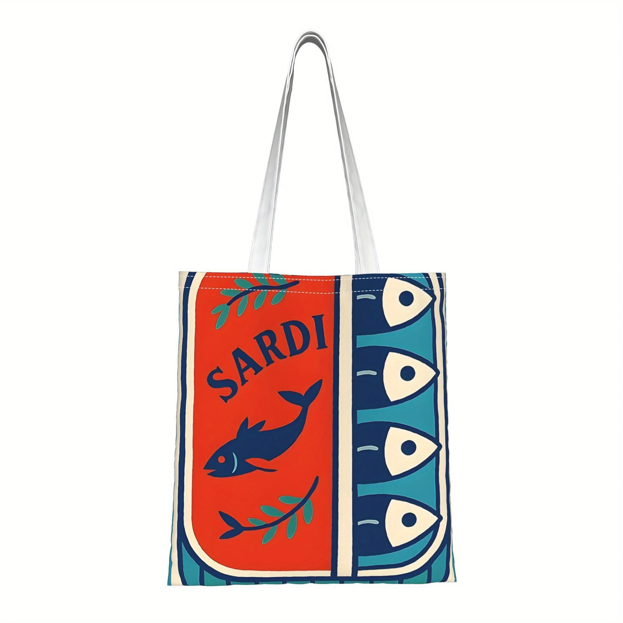 

Women's Vintage Sardine Can Design Tote Bag - Open Top Grocery Bag with Red, Retro Fishing trip outing Shopping Bag