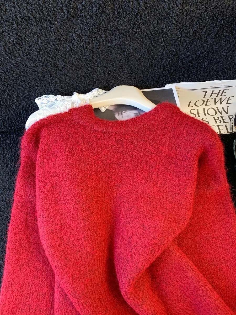 Retro laço vermelho nó oulder bared camisola feminina outono inverno doce preguiçoso sle solto macio malha irt