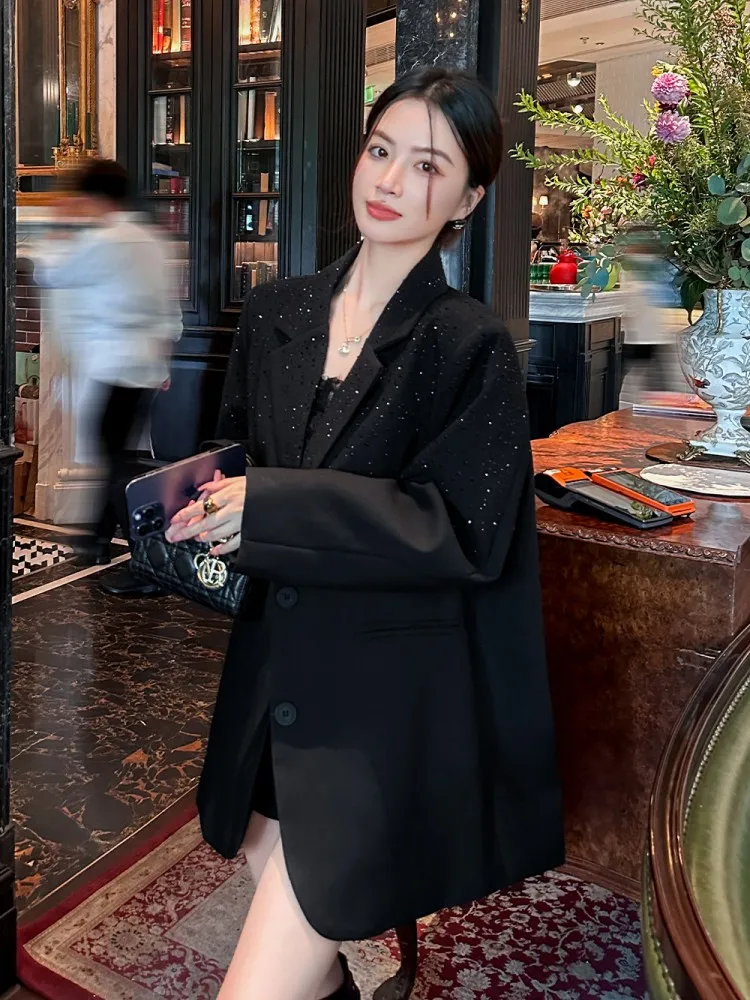 Autumn Women Loose Fit Shiny Diamonds Mid Long Blazer Jacket Office Ladies Work Suit Coat Design Winter Warm Down Lining Blazers