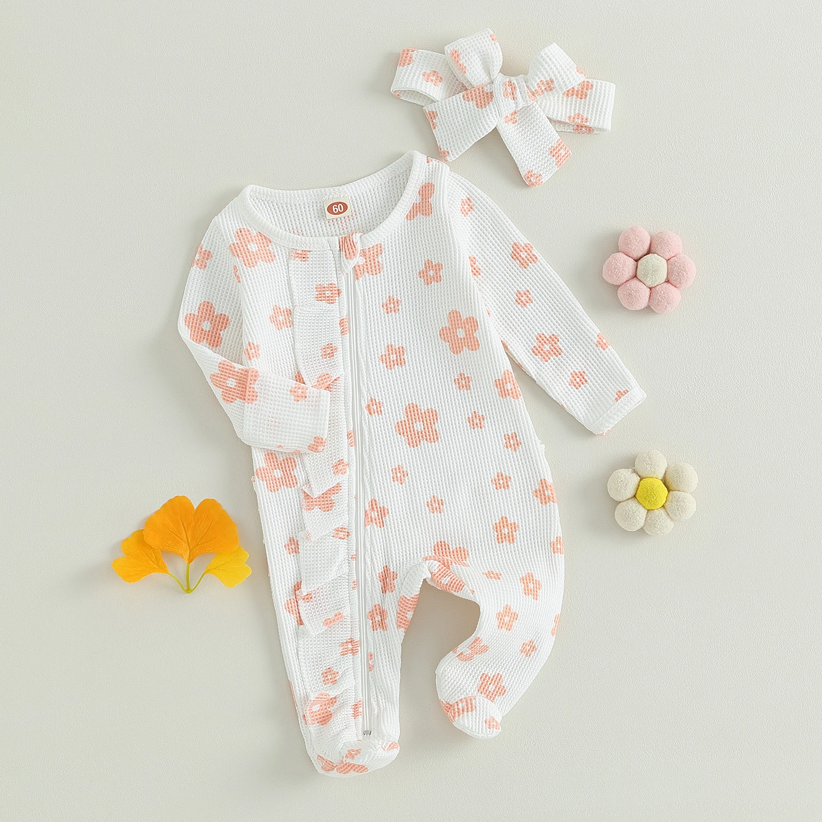 Infant Baby Girl Ruffles Footed Jumpsuit Floral Print Long Sleeve Front Zipper Closure Romper Bow Headband Baby Clothing