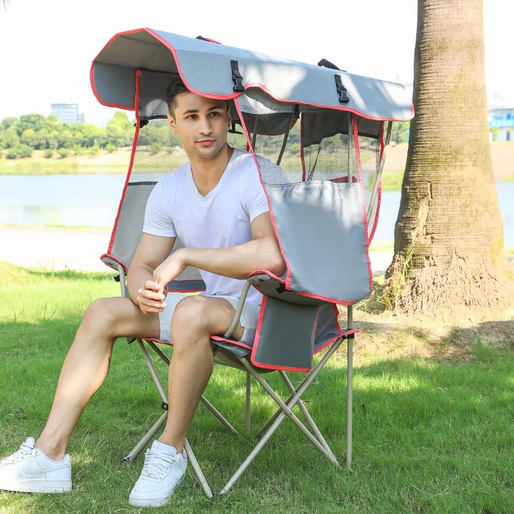 

Camping Chair with Full Sun Protection Canopy - Outdoor Folding Patio Chair with Adjustable Shade, Cup Holder, Side Pockets - He