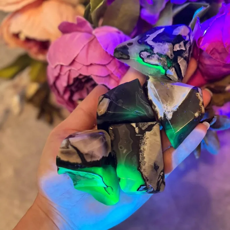 Natural Fluorescent Lava Agate Palm Specimen UV Reactive in Green Irregular Free Form Crystal for Upscale Home Decoration