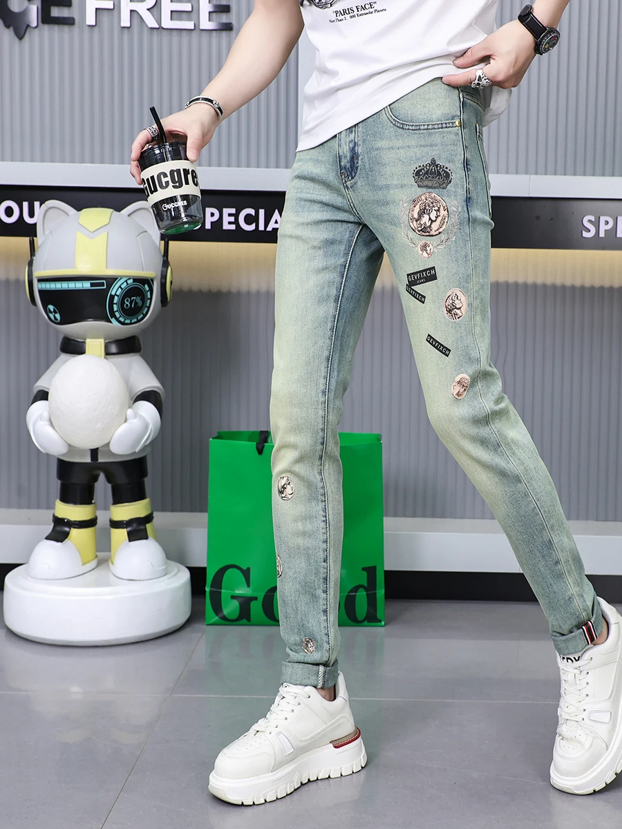 

Retro Print Slim Fit Men's Jeans Elastic Casual Long Pants Trendy Brand Cotton Stretch Denim mid Waist Zipper Spring Wear