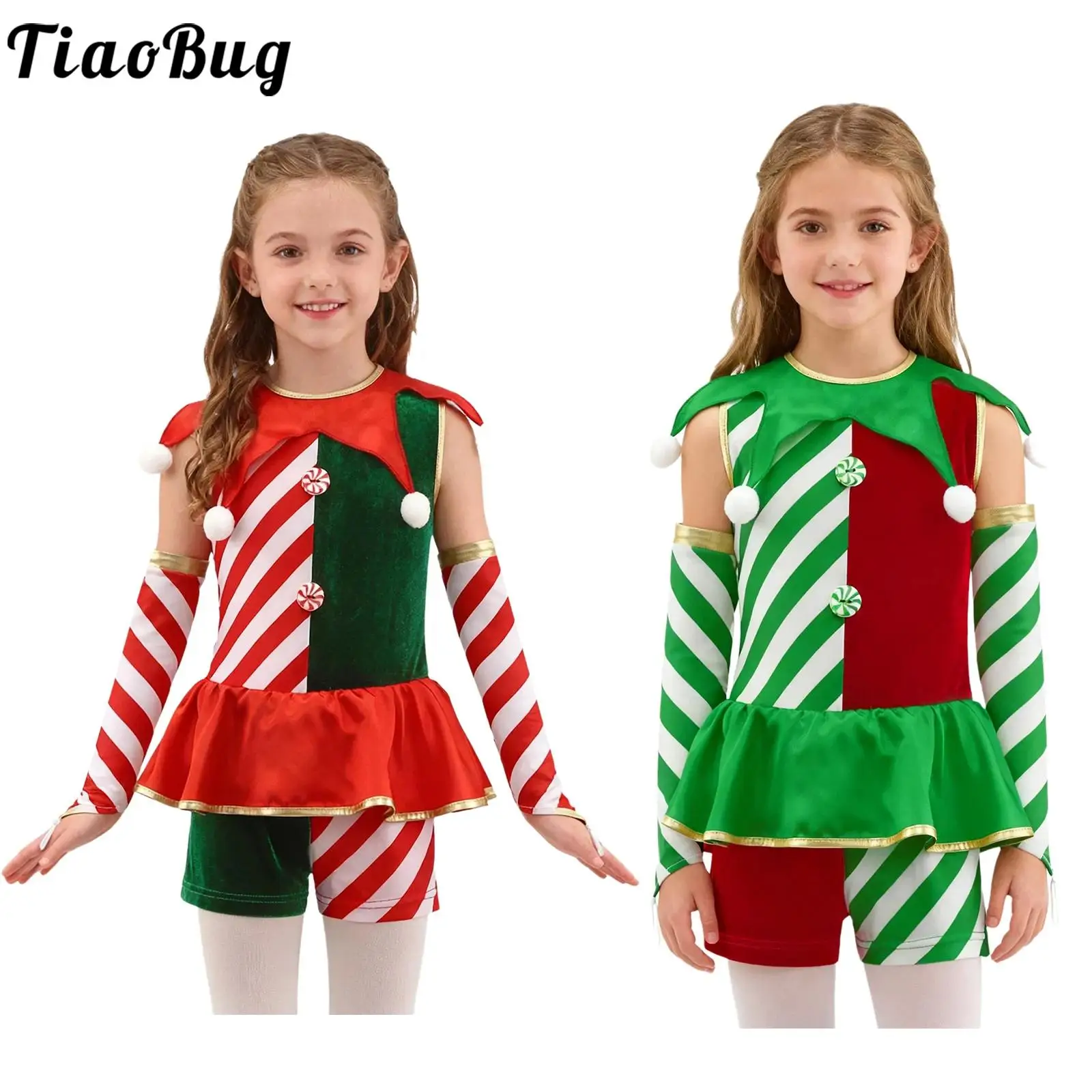 

Girls Christmas Striped Elf Costume Outfit Dance Set Clown Fancy Dress Up Waist Ruffled Pompoms Overlay Jumpsuit And Oversleeves