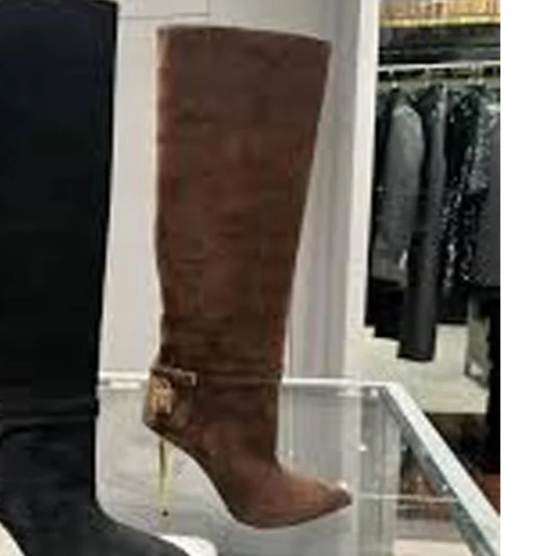 

Brown Pointed Toe Gold-Plated Heels Knee-High Boots Woman Winter 2026 Side Zipper Lock Buckles Stilettos Women's Boots Fashion
