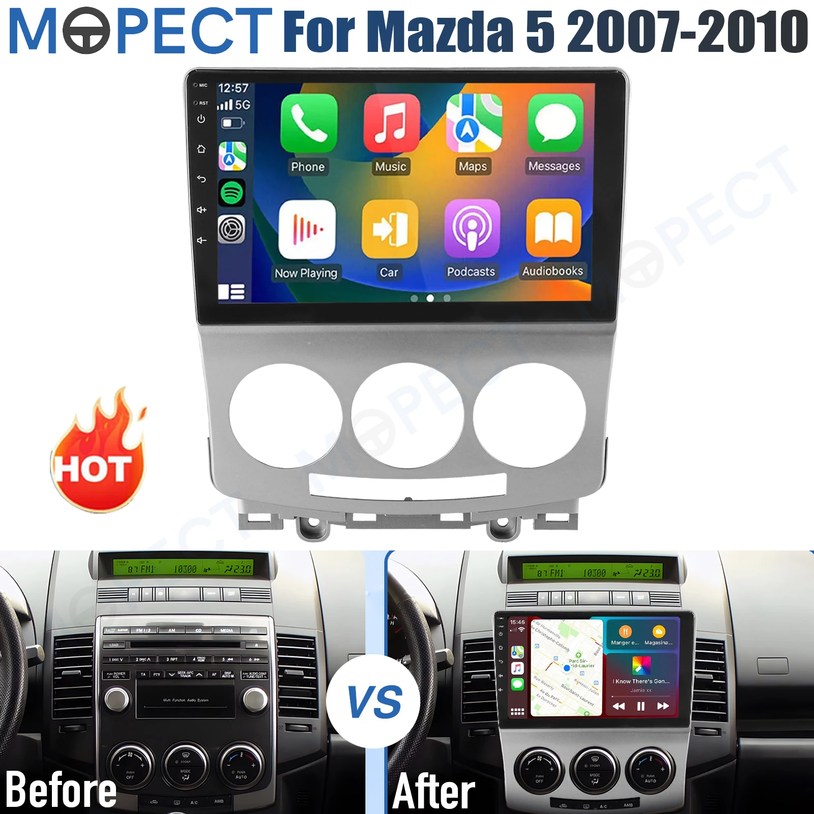MOPECT 9" Android 15 CarPlay autoradio voor Mazda 5 2007-2010, 4+64GB AM/FM GPS navigatie, SWC, Bluetooth+DAB+DVR&Camera