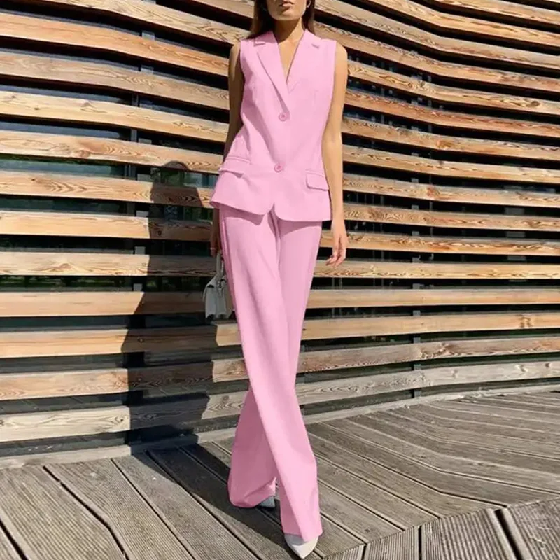 

Elegant Wide Leg Solid Loose 2Pc Sets Fashion Lapel Button Vest and Long Pant Suit Women Casual Sleeveless Commuter 2Pc Outfits