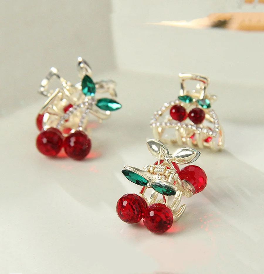 

New Korean Delicate Crystal Cherry Mini Small Hair Claw Metal Rhinestone Hairpins Women Hair Crab Clip Headwear Hair Accessories