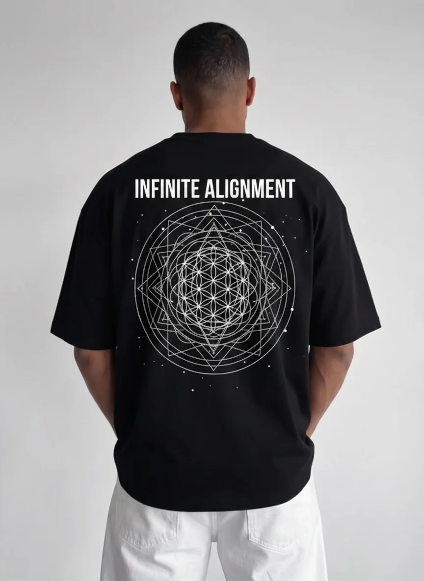 

Black Sacred Geometry Graphic Tee with White Mandala Back Print and Infinite Alignment Text Oversized Printed Tee Unisex Top