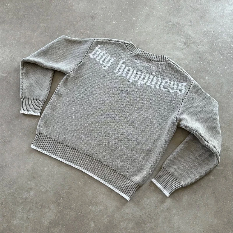 

Y2K Grey Long Sleeve Sweater Dollar Gothic Embroidery Pullover Goth Retro Casual Streetwear Old Money Men Boxy Knitted Clothing