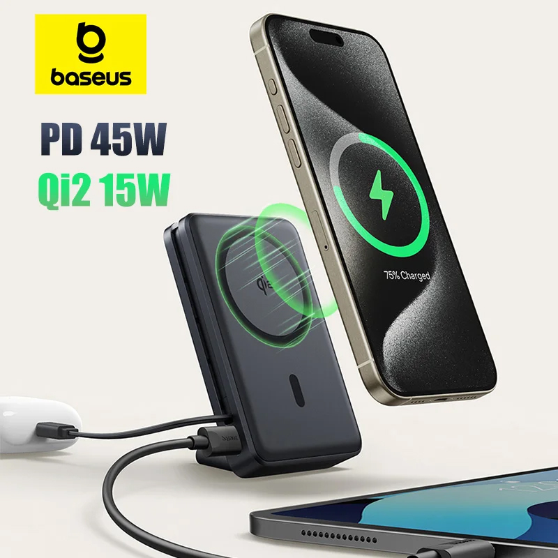  Baseus Nomos 45W 3-in-1 Power Bank 10000mah Qi2 Magnetic Wireless Charging Powerbank with Phone Holder for iPhone 12-16 Pro Max 