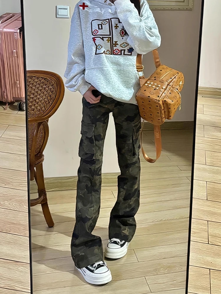 Calças Jeans Masculinas Slim Straight Leg Estilo Camuflado Retrô Americano, Calças Flare de Alta Moda Casual