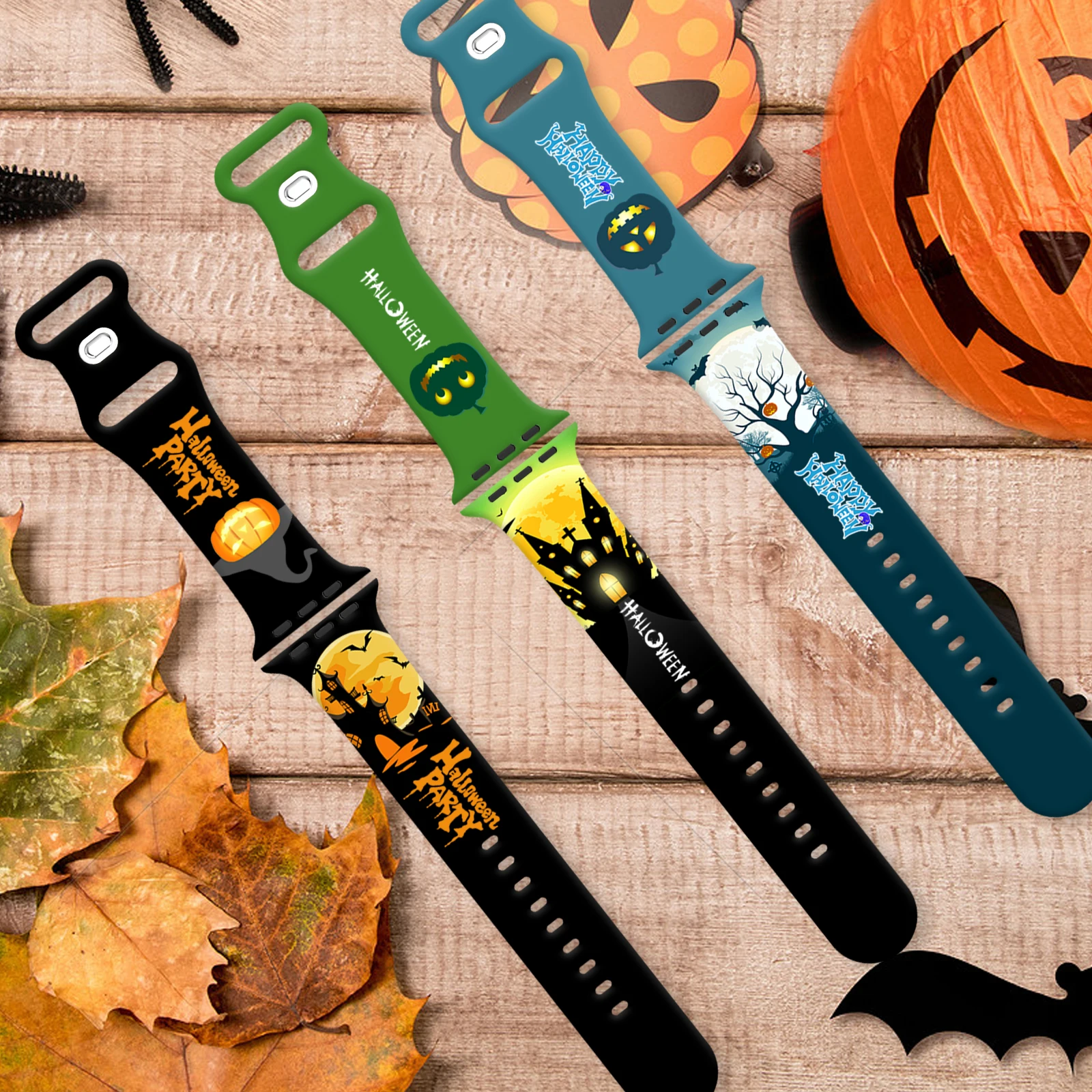 悪魔の城 ハロウィン パターン プリント バンド Apple Watch シリーズ 11/10/9/8/7/SE 用 - ソフト防水シリコンストラップ 45mm 44mm 42mm