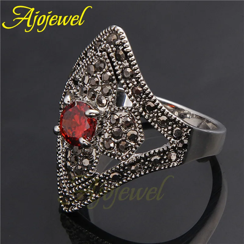 Ajojewel AAA Cubic Zirconia Vintage Flower Ring Black Rhinestone Geometric Jewelry Finger