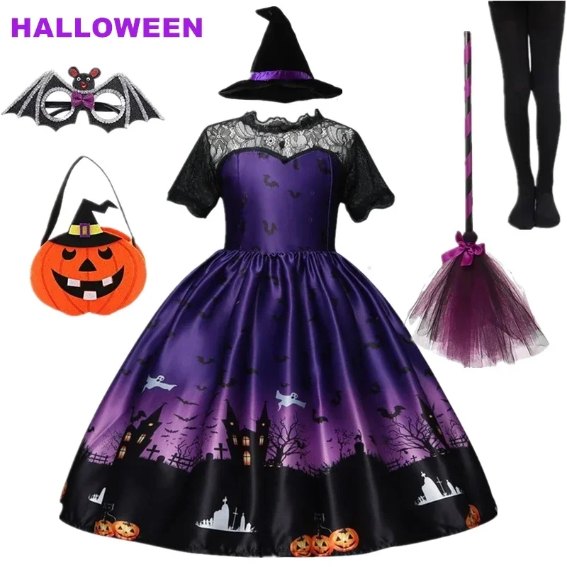 2024 Girls Halloween Cosplay Witch Costume Children Carnival Vestidos Party Pumpkin Witch Fancy Dress Girls Clothing Sets