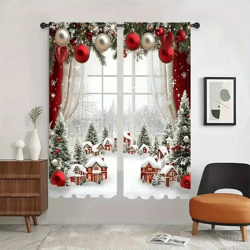 2PCS Christmas Curtains Winter Snow Village Red Xmas Ball Pine Tree Digital Print Drapes for Living Room Bedroom Holiday Decor
