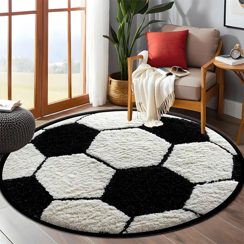 Classic Black and White Soccer Ball Design Round Rug for Football Fans Textured Surface Non-Slip Floor Mat Home Decor