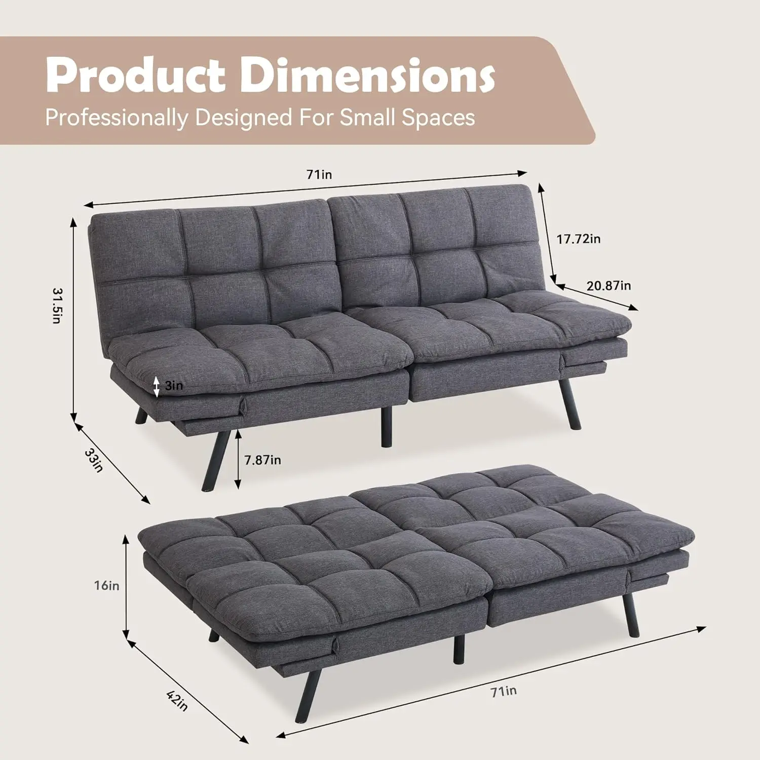 Convertible Futon Bed,Gray Memory Foam Loveseat Small Euro Lounger Sofa for Compact Living Spaces,Apartment,Dorm,Studio