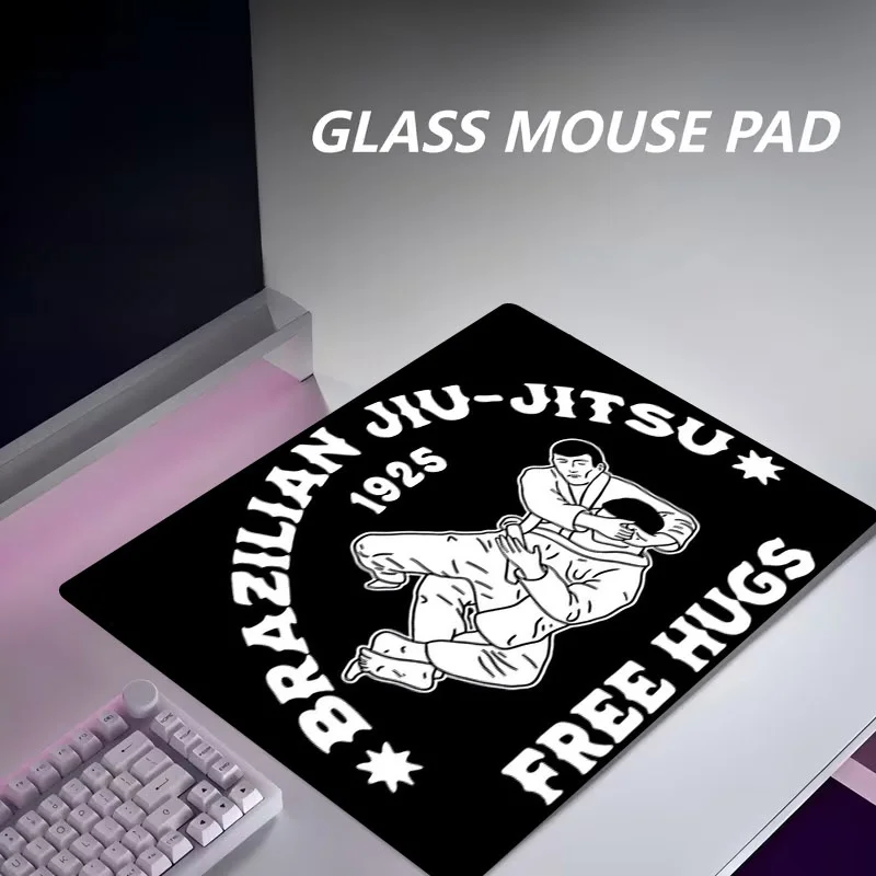 Brand Black White BJJ Free Hugs Glass Mouse Pad Smooth Durable Retro Minimalist Desk Mat For Gamers Office Decor Birthday Gift