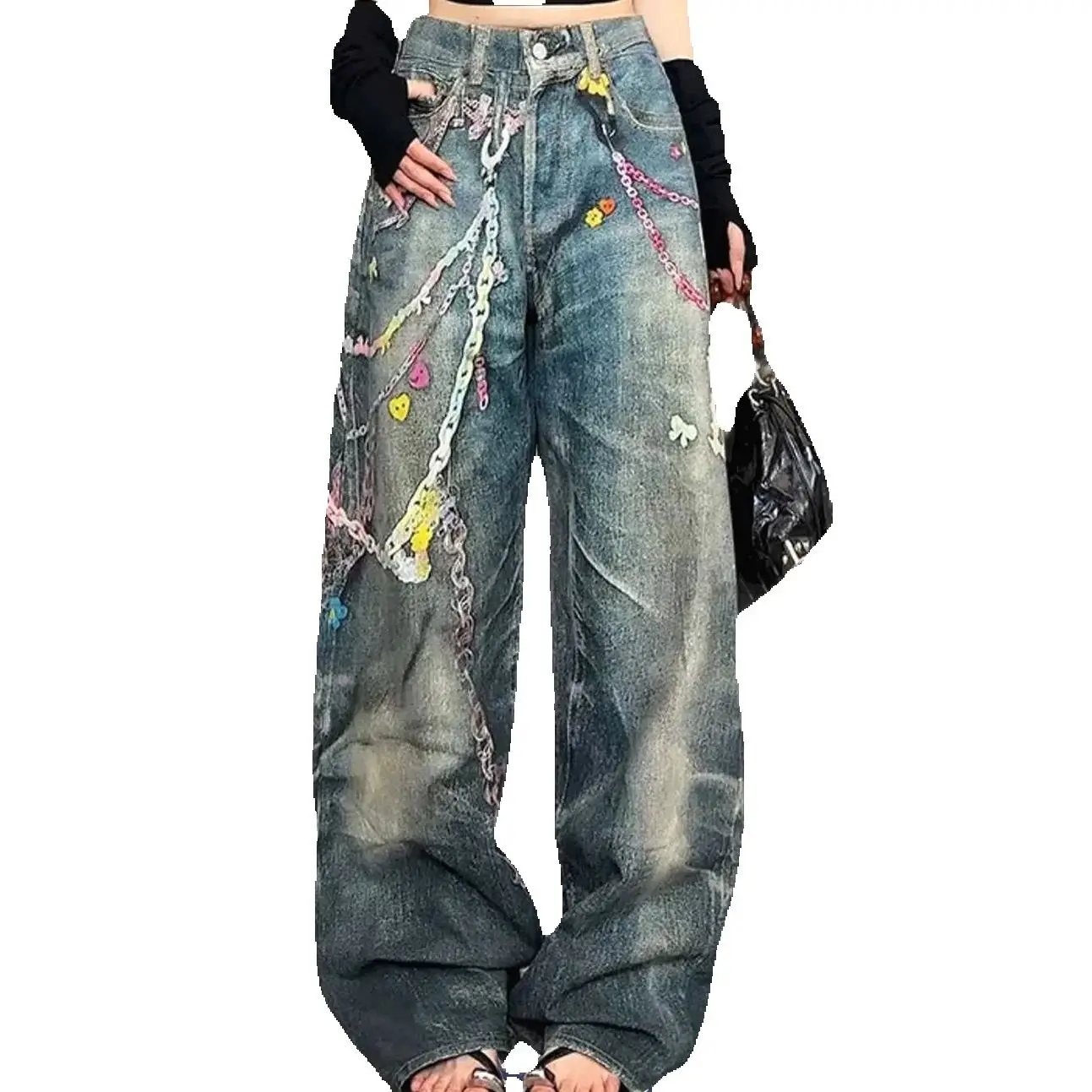 

CHIC Fashion Women's 3D Chain Printed Retro Painted Jeans Street High Waist Casual Denim Pants Female Trendy Straight Trousers