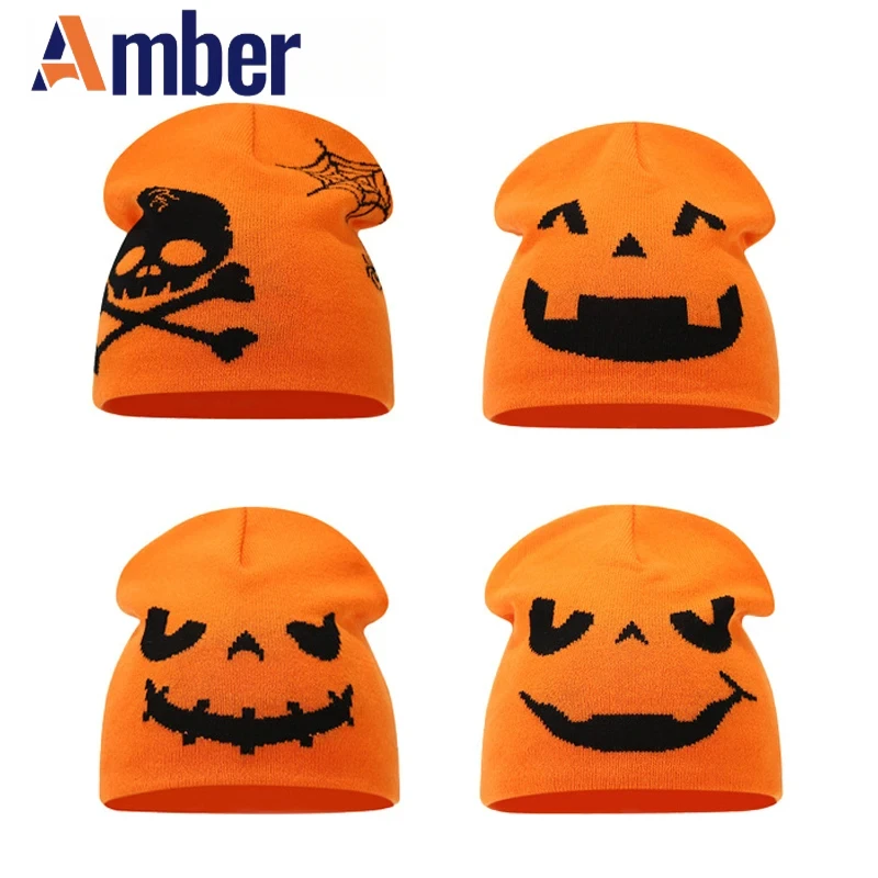 

Amber Ghost Knitting Beanie Cap Cartoon Halloween All Saints' Day Hat Pumpkin Print Y2K Warm Winter Autumn Skullies Caps Gorras