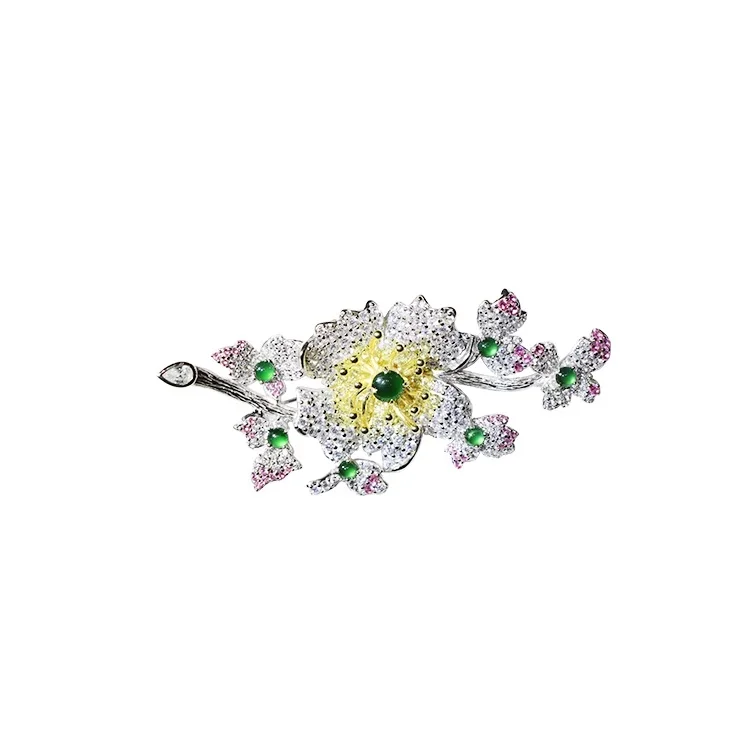 

Charm Elegant S925 Silver Brooch Natural Green Jadeite Cubic Flower Plum Fashion Jewelry Luxury Brooch Banquet Wholesale