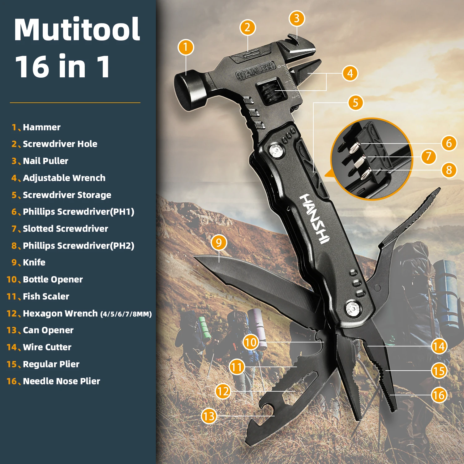 Hanshi 16 in 1 verstellbarer Schraubens chl üssel Multi tool EDC Multi-Tool mit Hammer für Outdoor-Überlebens tasche Multifunktion zange