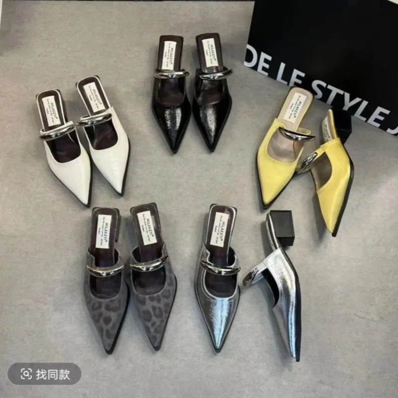 Women Slippers French Style Temperament Pointe Half Slipper High Quality Leather Thick Heel Cool Slippers Women Mueller Slippers