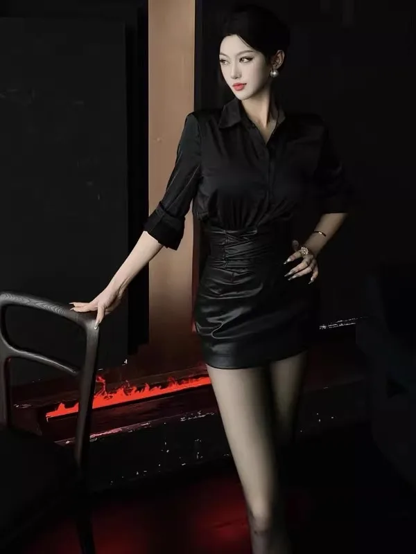 

Элегантная черная женская рубашка с длинным рукавом, модный комплект из двух предметов: юбка с завышенной талией и поясом-завязкой, весна-осень