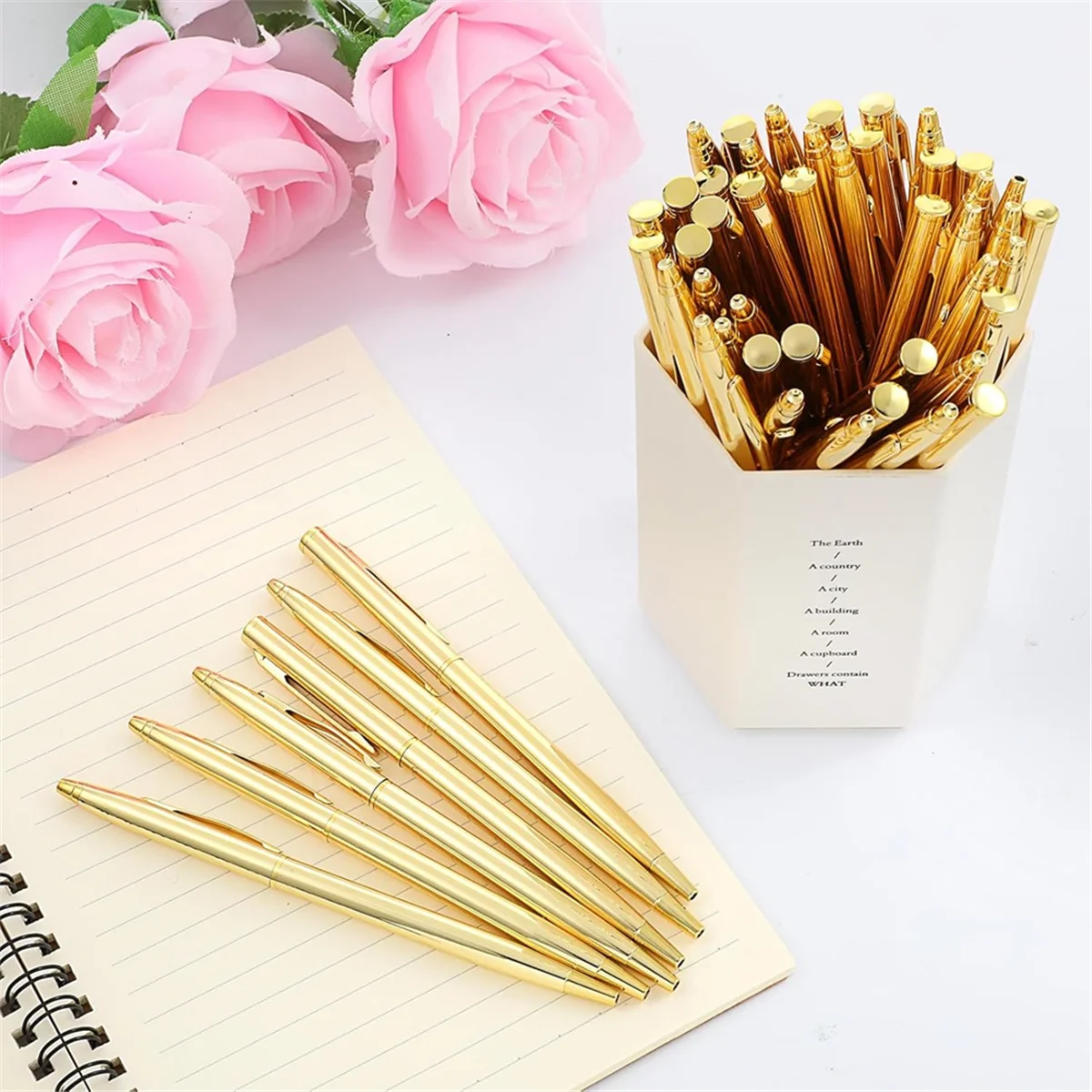 

AA98 50Pcs Gold Metallic Slim Ballpoint Pens Retractable Black Ink Mini Conical Pens 1.0mm Penpoint Supplies for Wedding Home