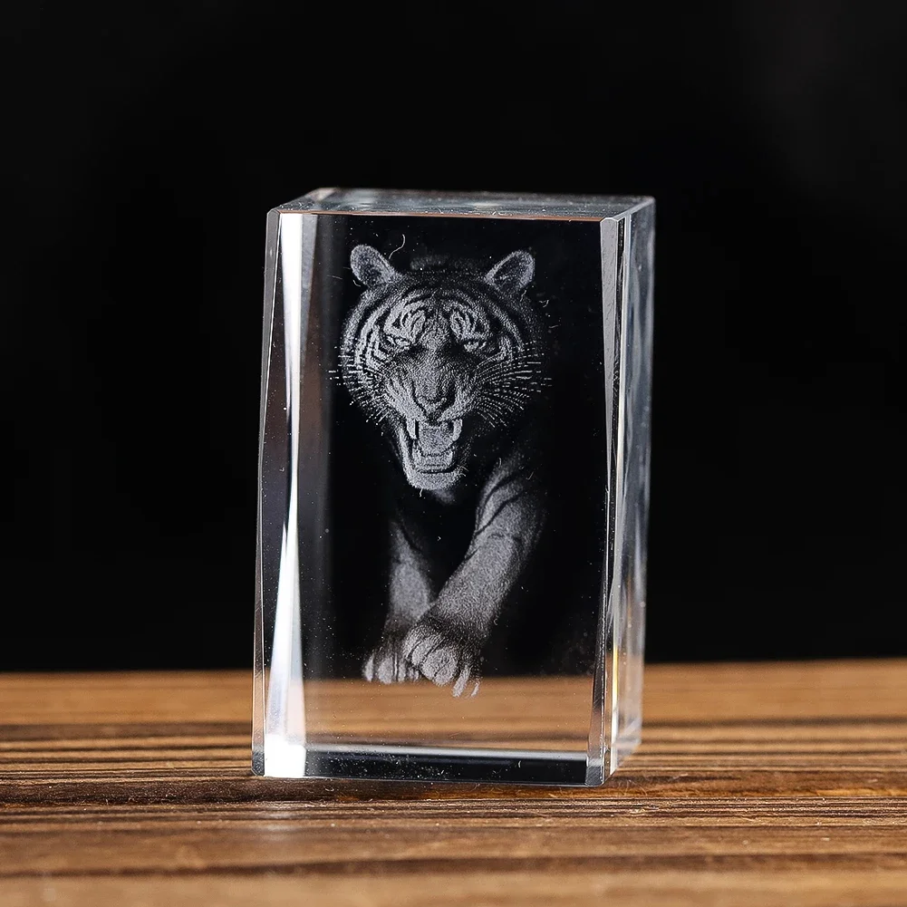 Mini 3D Tiger Crystal Glass Laser Engraved Decorative Figurines Animal Miniatures Paperweights Collectibles Home Decor Art Craft