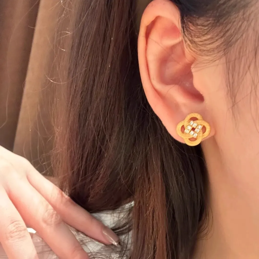 9999 gold brushed Chinese knot stud earrings for women, elegant style, brushed micro-set, high-end feeling, Chinese knot earring