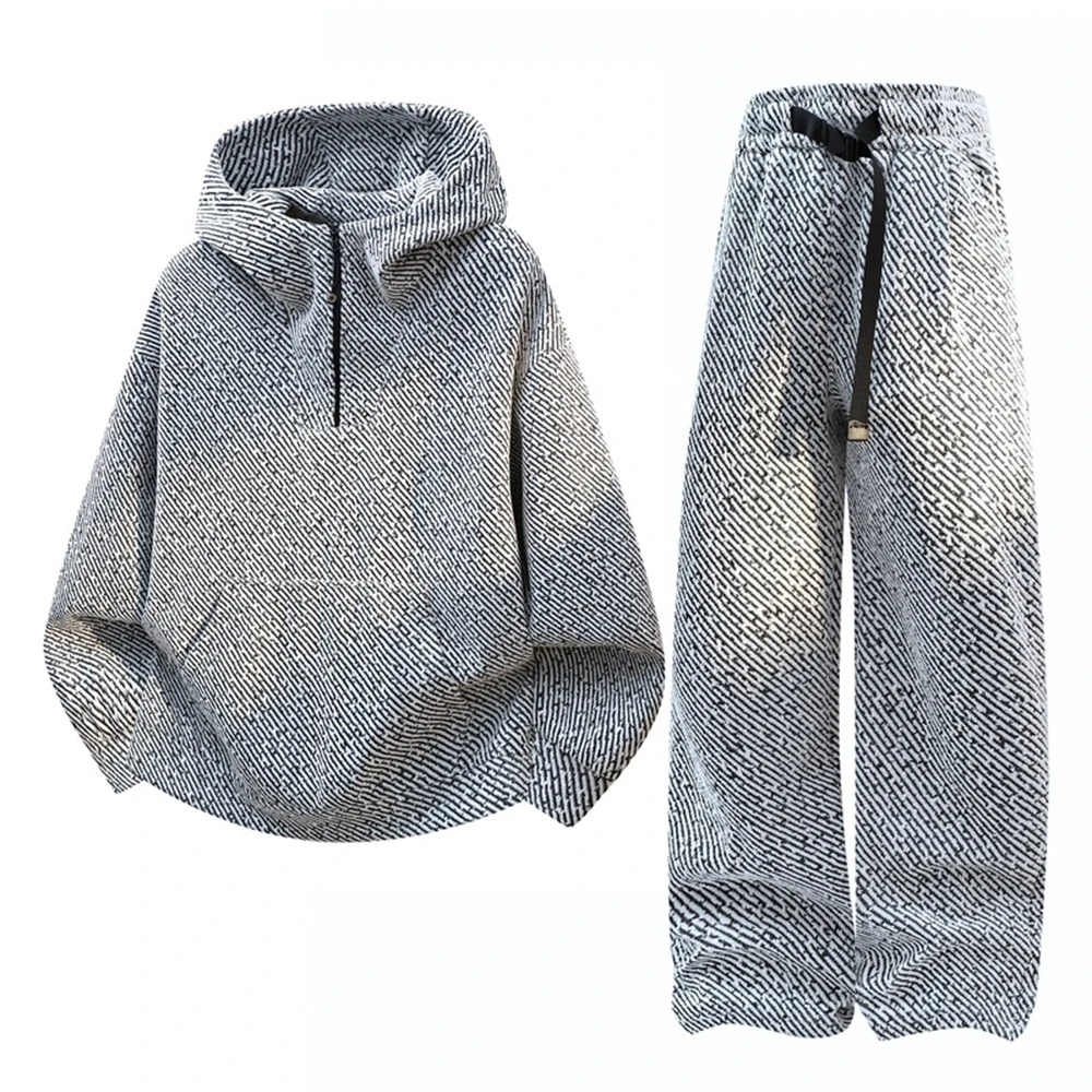 

Мужская мода, комплект из 2 предметов, толстовка с капюшоном и высокой молнией на шее + эластичные широкие брюки с высокой талией, осенний универсальный наряд