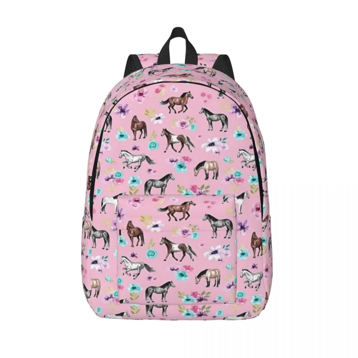 Horses And Flowers On Pink, Equestrian Art, Horse Decor Student Backpack School Bag Hiking Travel Daypack Bookbag Shoulder Bags