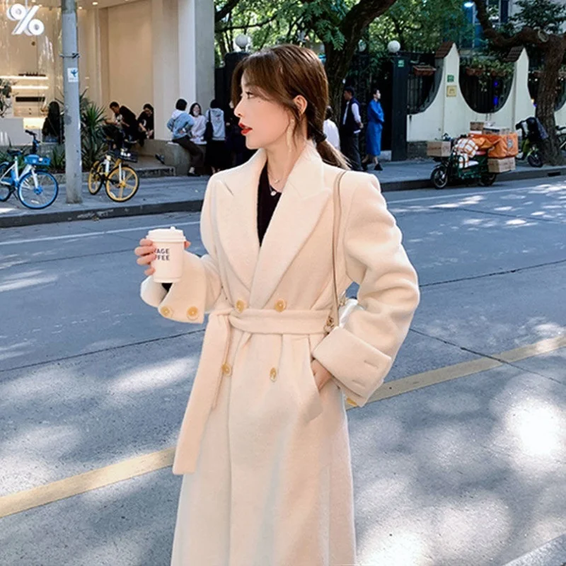 2024 Autumn Winter New Wool Waist Closing Design Coat Women\'s Knee High Sense Temperament Medium And Long Wool Coat