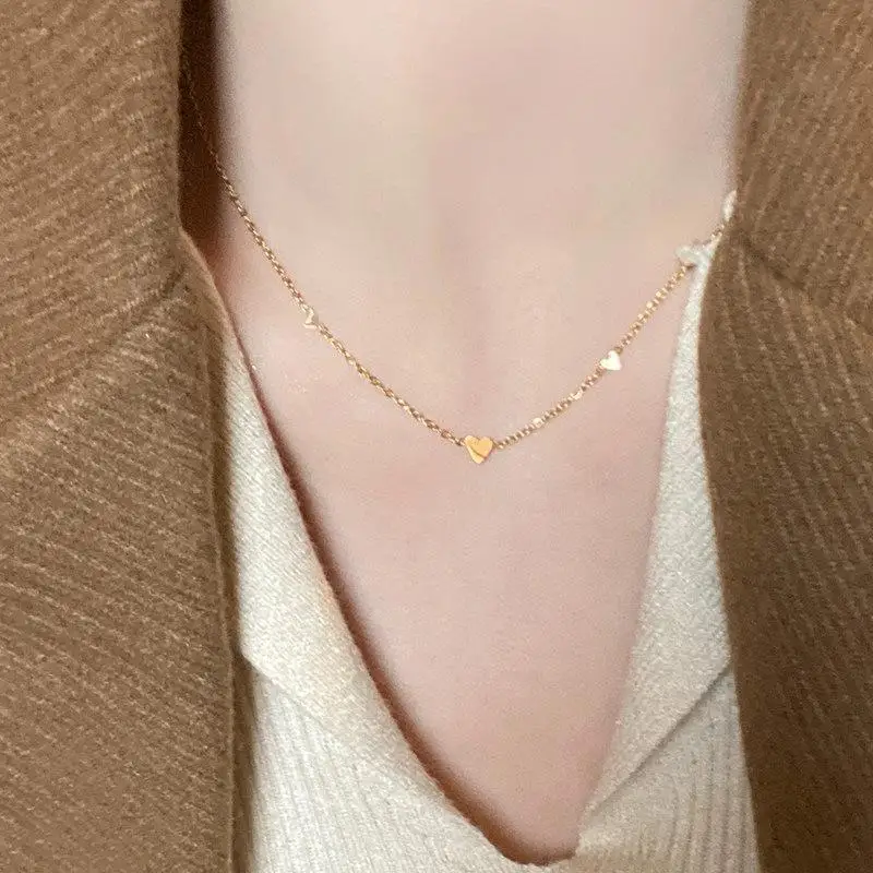 Minimalist Stylish Tiny Hearts Cute Stacked Choker Necklace Titanium Steel Gold Plated Chain Ladies Women Fashion Delicate Gift