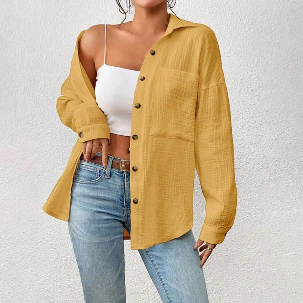 Solid Color Women Shirt Stylish Women's Button Down Shirt with Lapel Collar Patch Pocket Casual Long Sleeve Blouse for Work