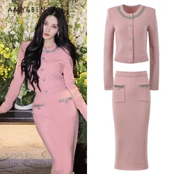 French Socialite Heavy Industry Rhinestone Round Neck Pink Cardigan + Mid-calf Skirt Fashion Two-piece Set Women Autumn Winter