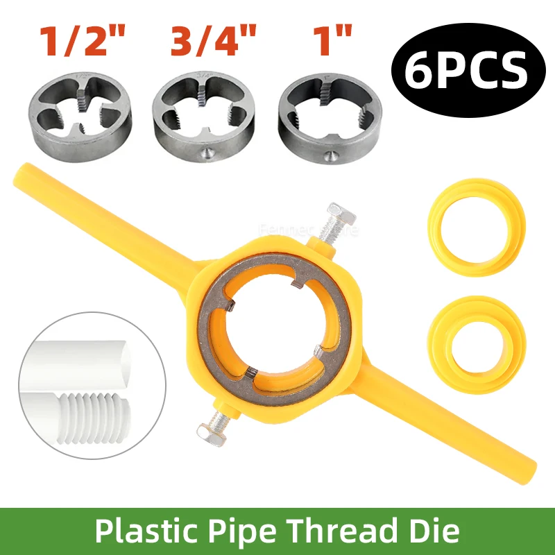 Kit de troquel de rosca de tubo de plástico de 6 piezas 1/2 "3/4" 1 "60 °   Herramientas de rosca de plomería de tubería cónica, juego de llaves de grifo para troquelado de tubería de agua, Manual de PVC/NPT