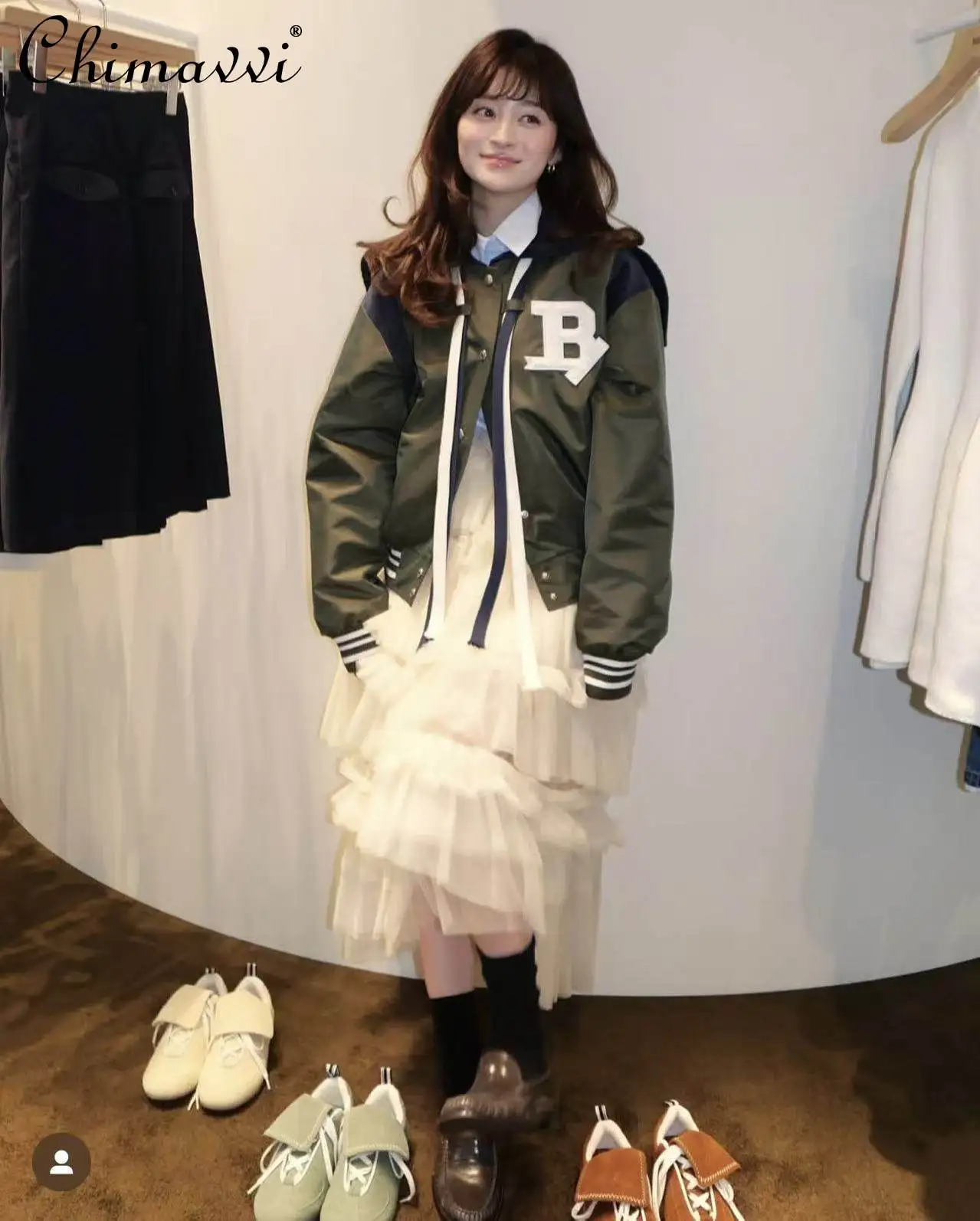Japanese Sweet Cool Bomber Jacket Women Winter Fashion Big Sailor Collar B Letter Embroidered Loose Baseball Uniform Parkas