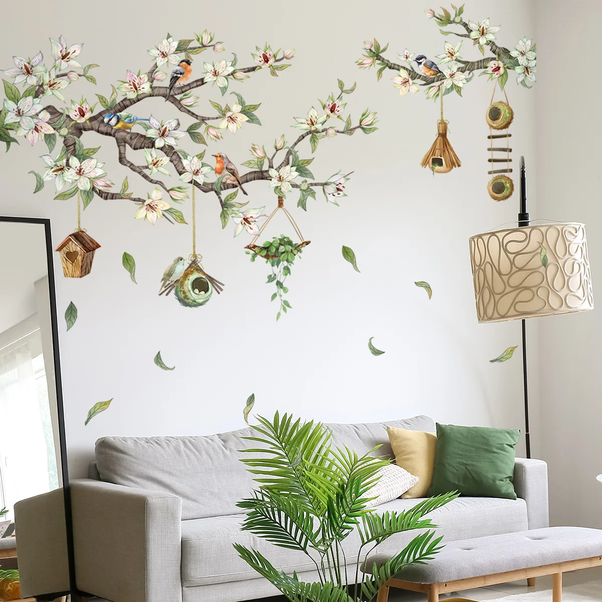 Branches Flowers Birds Wall Sticker Living Room Background Decor Decals Bedroom Decoration Self-adhesive Home Beautify Wallpaper