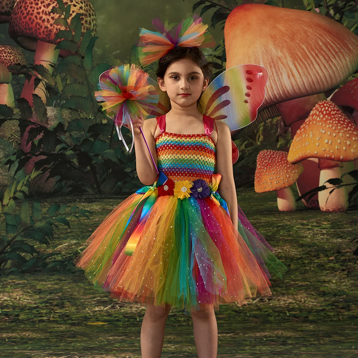 Girls Fairy Costume Set with Butterfly Wings Wand Headband Glittery Spring Rainbow Fairy Princess Tutu Dress for Birthday Party